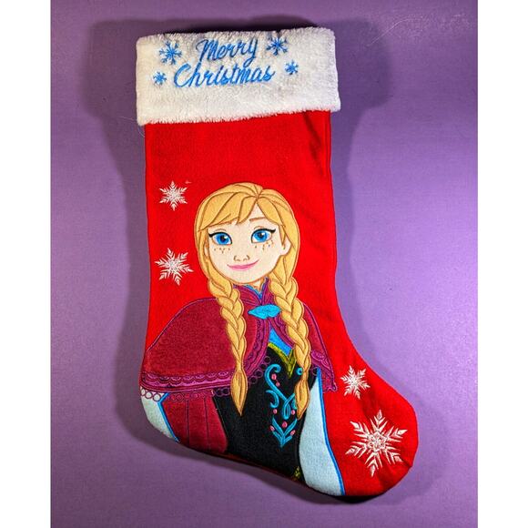DISNEY “FROZEN QUEEN ELSA & ANNA” PLUSH EMBROIDERED XMAS STOCKING BLUE RED 18” - Picture 4 of 6